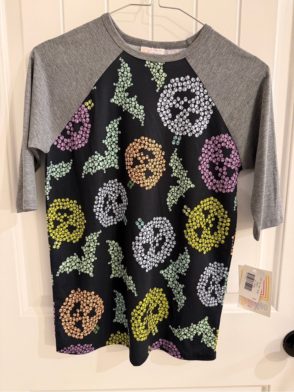 NWT New Halloween LLR Girls' Gray Raglan Top with Multicolor Pumpkin Bat Print